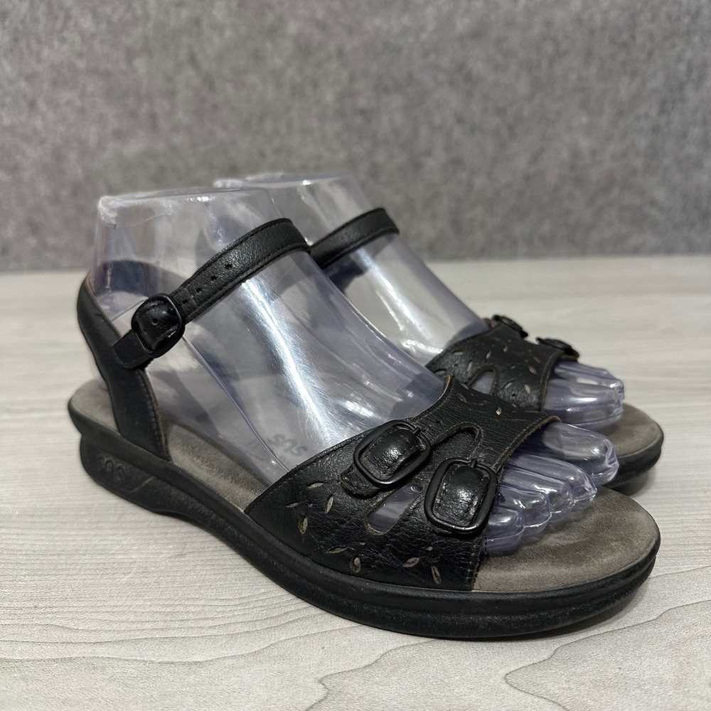 SAS Duo‎ Sandals Womens 6.5 Black Leather Slingback Triple Buckle Comfort